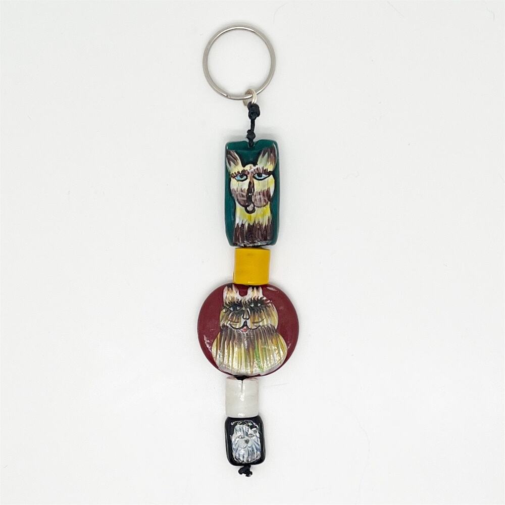 Handmade Painted Cat Face Bead Keychain Hand Crafted Beaded Artisan